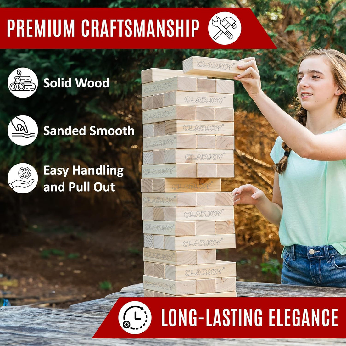 Clapjoy Jumbo Slido Tumbling Tower Game - 54 Premium Pine Wood Blocks with Storage Bag, Stacks Over 4 Feet Tall